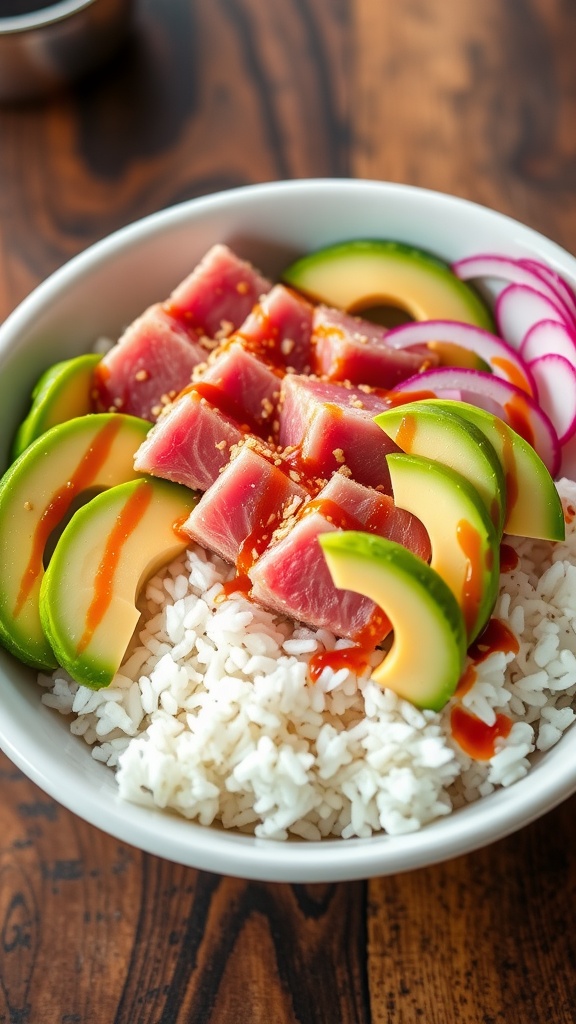 A seared ahi tuna poke bowl with sushi rice, avocado, cucumber, and radish, garnished with sesame seeds on a wooden table.